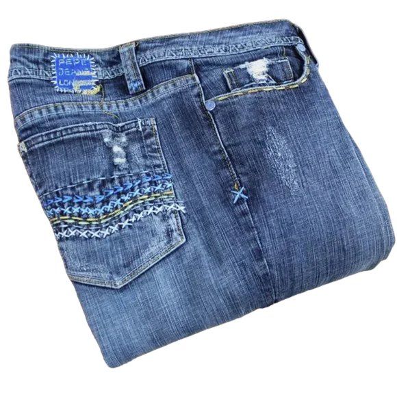 Pepe Jeans London Distressed Blue Fade Vintage Pocket Folk Art Boot, Size 12 - Picture 6 of 12